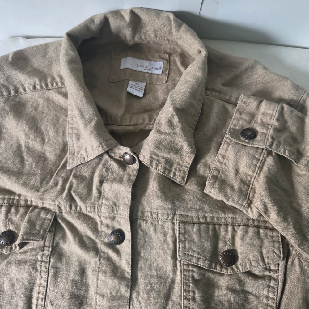 Lucy & Laurel Woman Tan 100% Linen Button Front Utility Jacket 3X Khaki RN75343